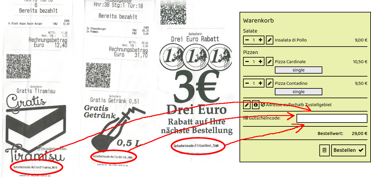 Beispiel für Gutscheincodes auf Rechnungszetteln von Mercato in Linz Matthäus-Herzog-Straße 9 – drei Rechnungen mit individuellen Gutscheincodes, die im Online-Warenkorb des Restaurants eingegeben werden können.