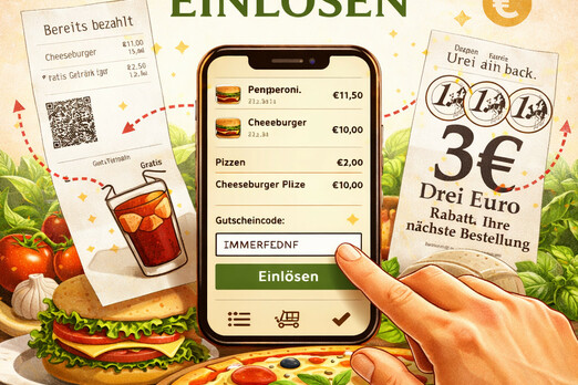 Smartphone mit Eingabefeld für Gutscheincode bei Online-Bestellung in einer Pizzeria