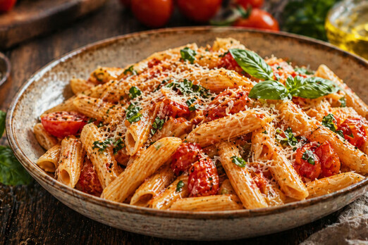 Frisch zubereitete Pasta mit Tomaten, Parmesan und Basilikum auf einem Teller