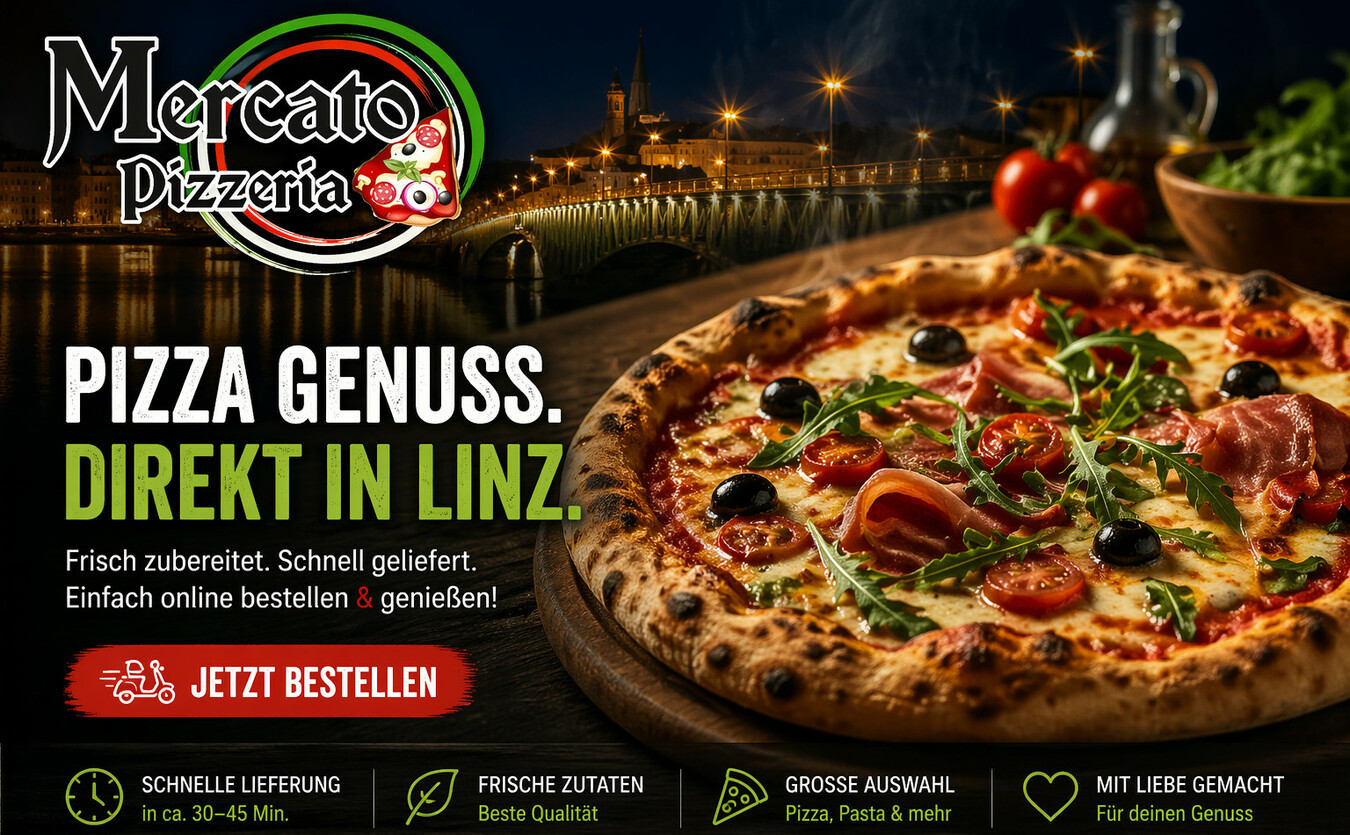 Frisch zubereitete Pizza von Mercato Pizzeria in Linz mit knusprigem Rand und hochwertigen Zutaten
