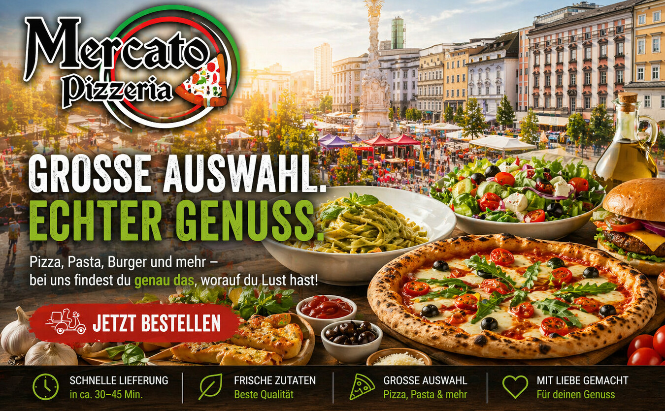Große Auswahl bei Mercato Pizzeria in Linz mit Pizza, Pasta, Burger und frischen Gerichten