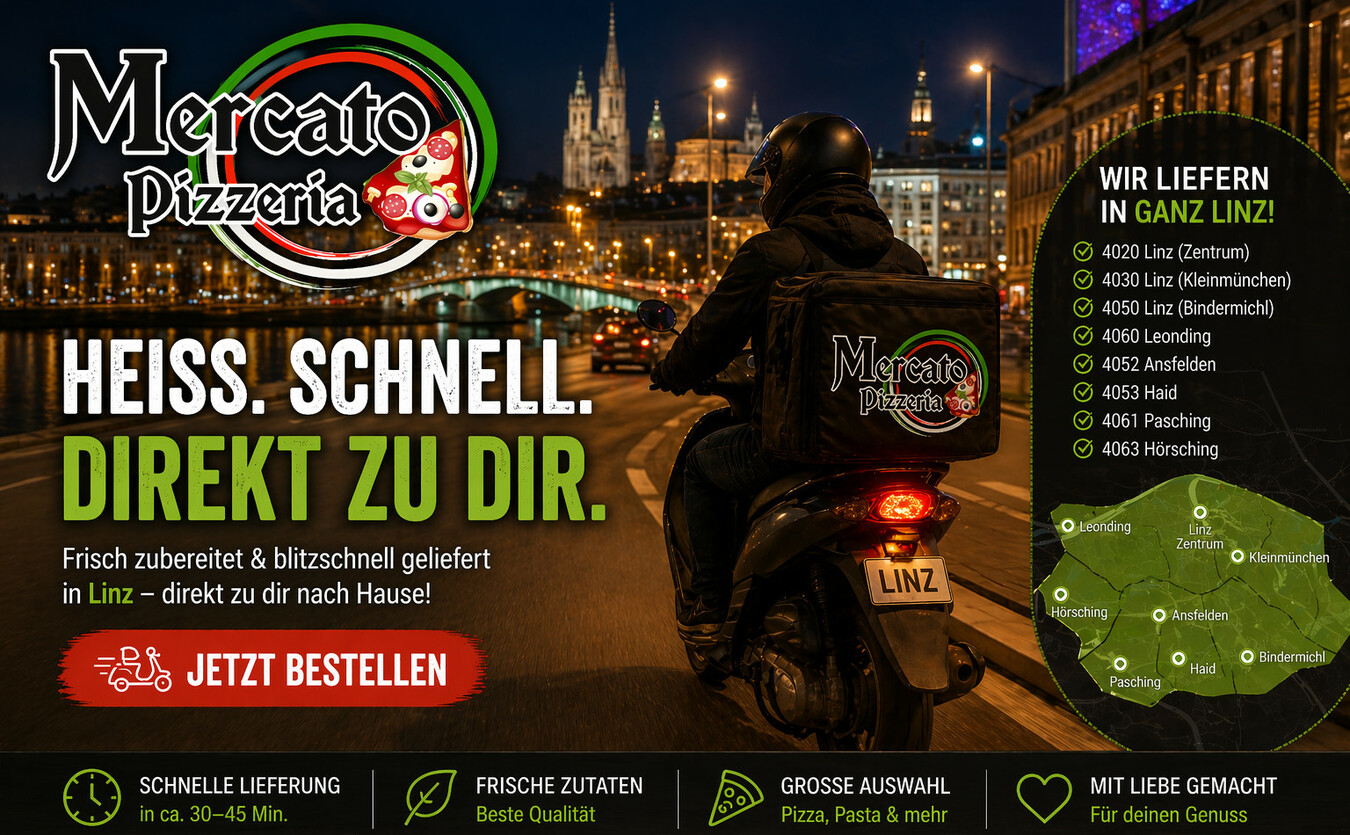 Pizza Lieferung in Linz durch Mercato Pizzeria schnell und heiß direkt nach Hause